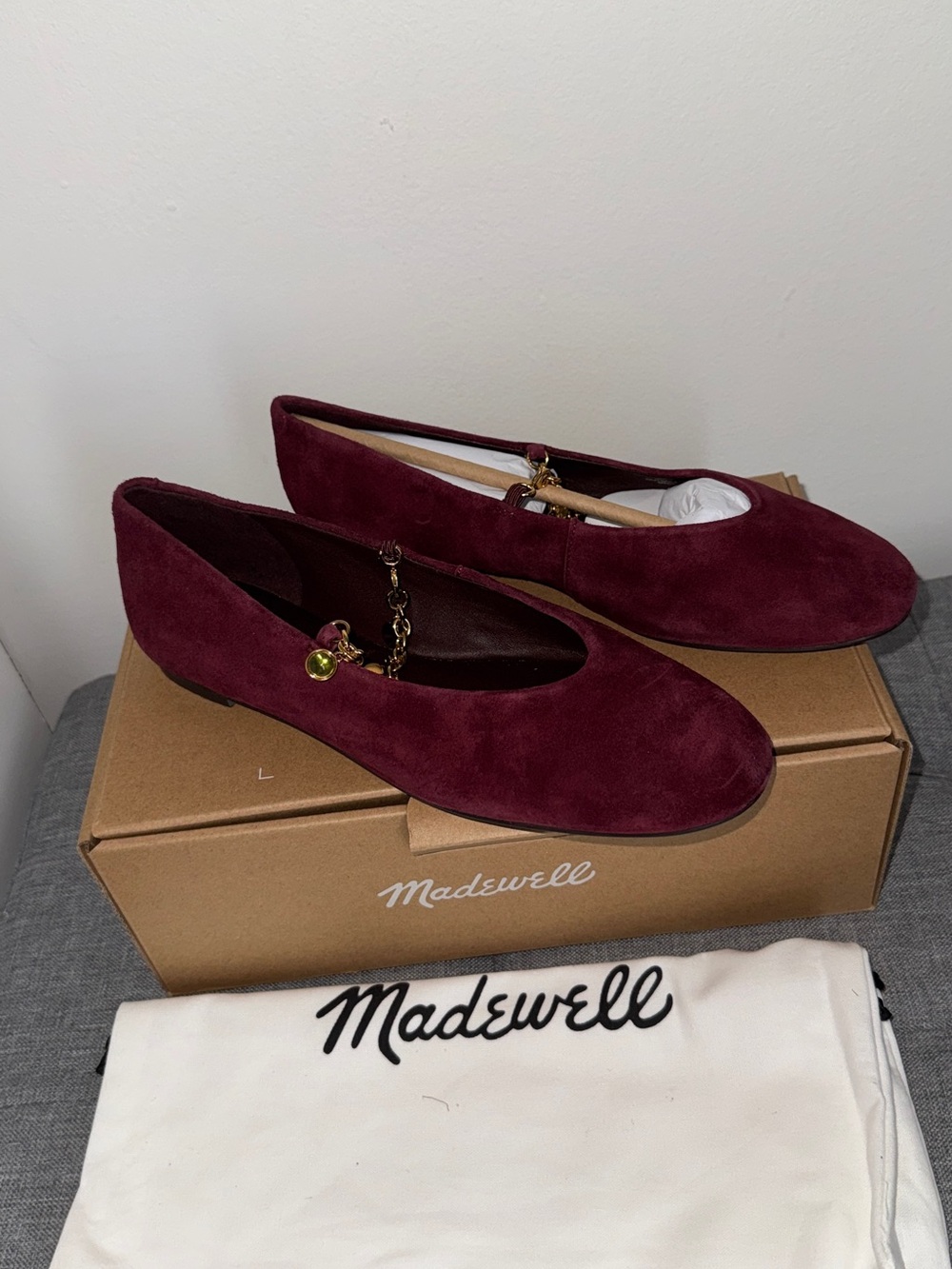 Madewell Wine Suede Ballet Flats with Chain Charm